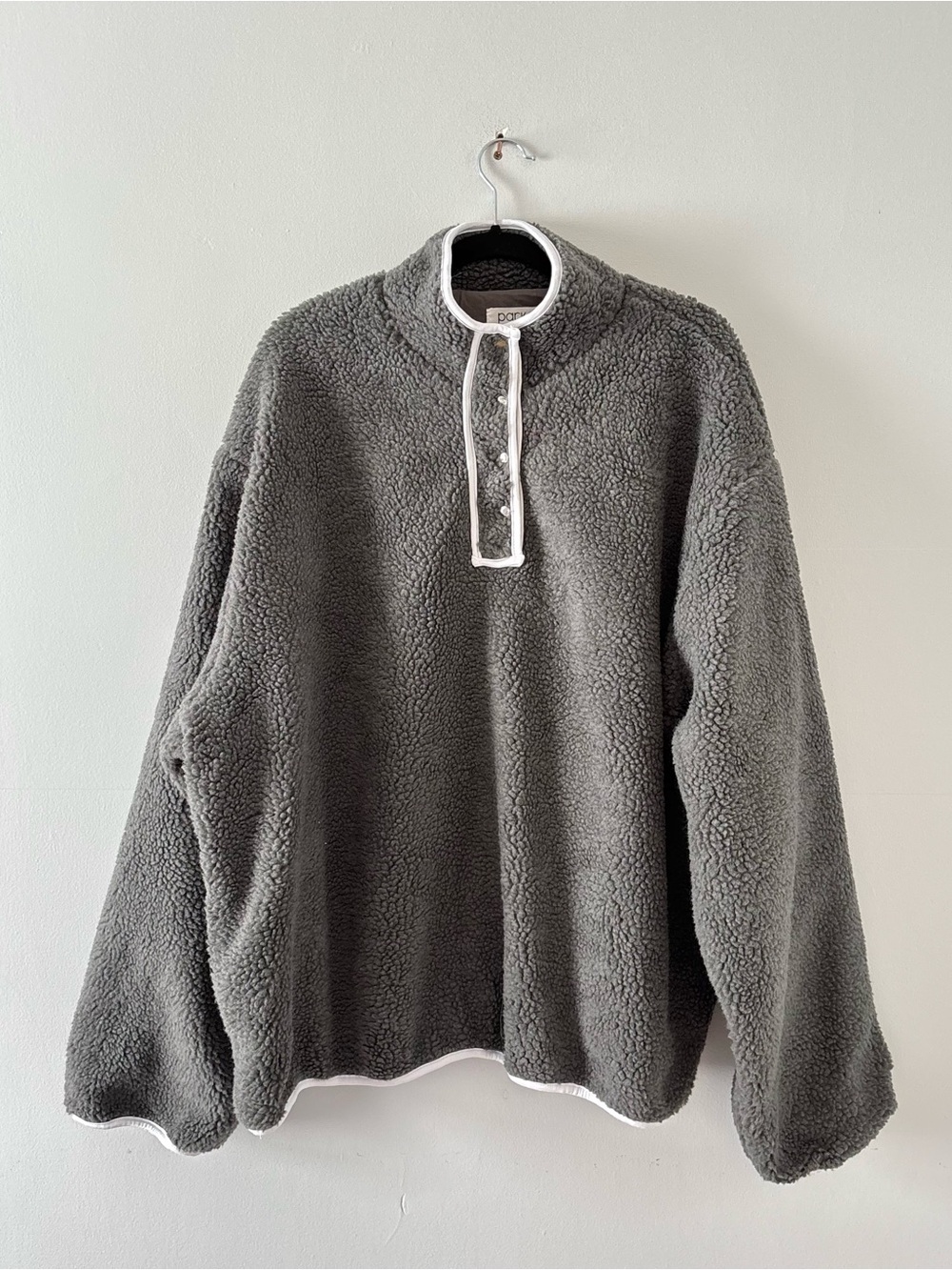 PARKE Snap Button Fleece Sherpa Pullover Sweater Jacket Mock Neck Oversized